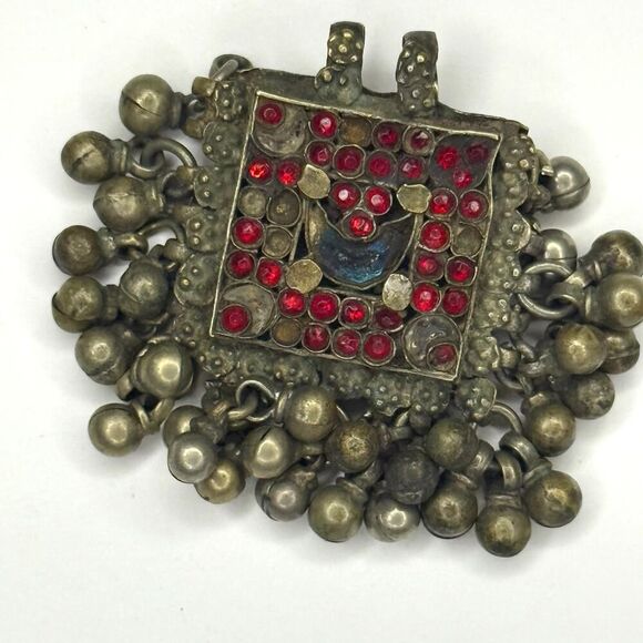 Kuchi Jewelry - Vintage Kuchi Afghan Prayer Box Pendant with Red Glass Stones & Bells 2”